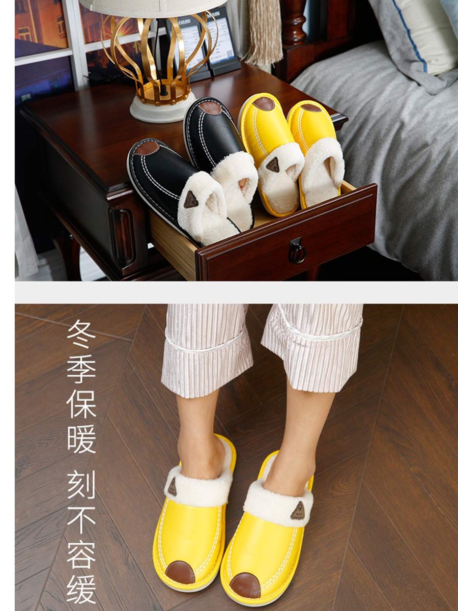 ZKHOECR Leather Slippers for Women Indoor Outdoor,Femal Cozy Cotton Lightweight Warm Shoes Winter Anti-Skid Rubber Sole Nonslip Fuzzy Washable Shoes for Adults Black Brown Size 9.5-10/Men 8-8.5