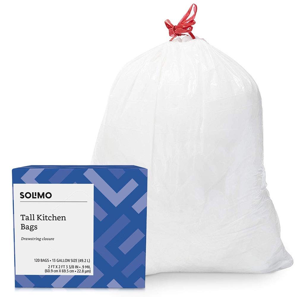 Amazon Brand - Solimo Plastic Applicator Tampons, Super Plus Absorbency, Unscented, 144 Count (4 Packs of 36) & Solimo Tall Kitchen Drawstring Trash Bags, 13 Gallon, 120 Count
