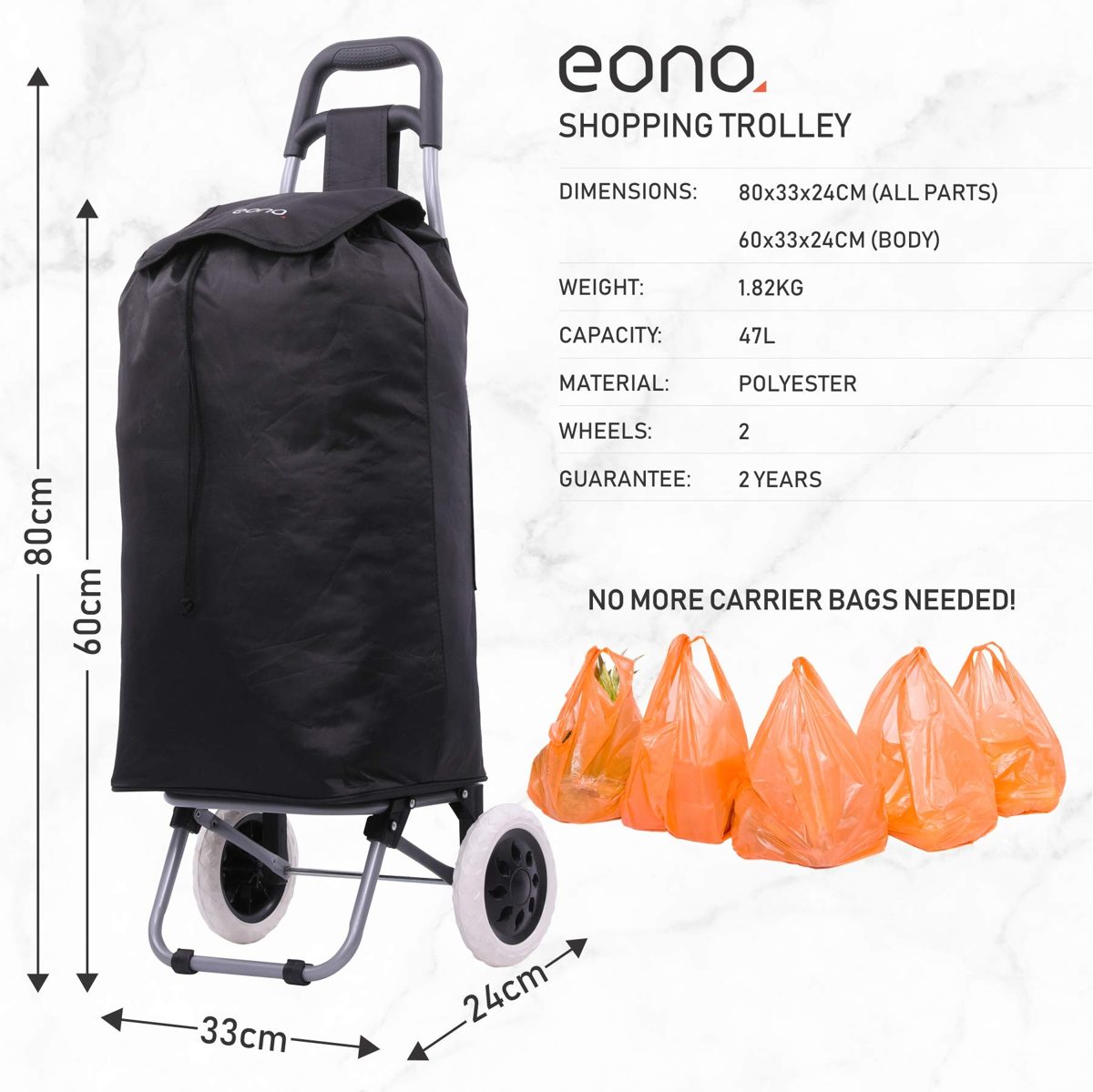 EONO Essentials 47L Lightweight Foldable Shopping Trolley, Set of 2, Black