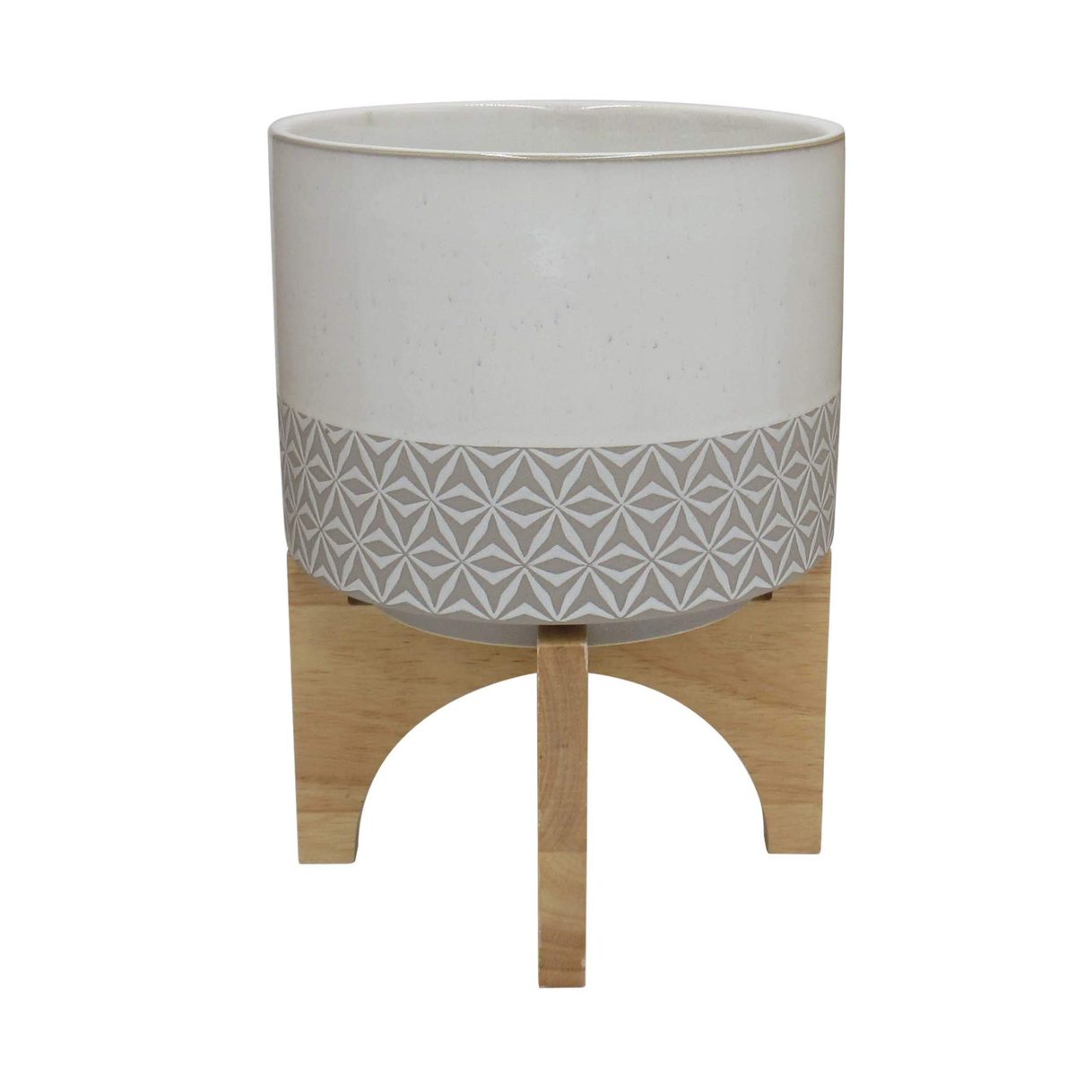 Amazon Brand – Rivet Mid-Century Stoneware Planter with Wood Stand, 10.43"H, Gray and Beige