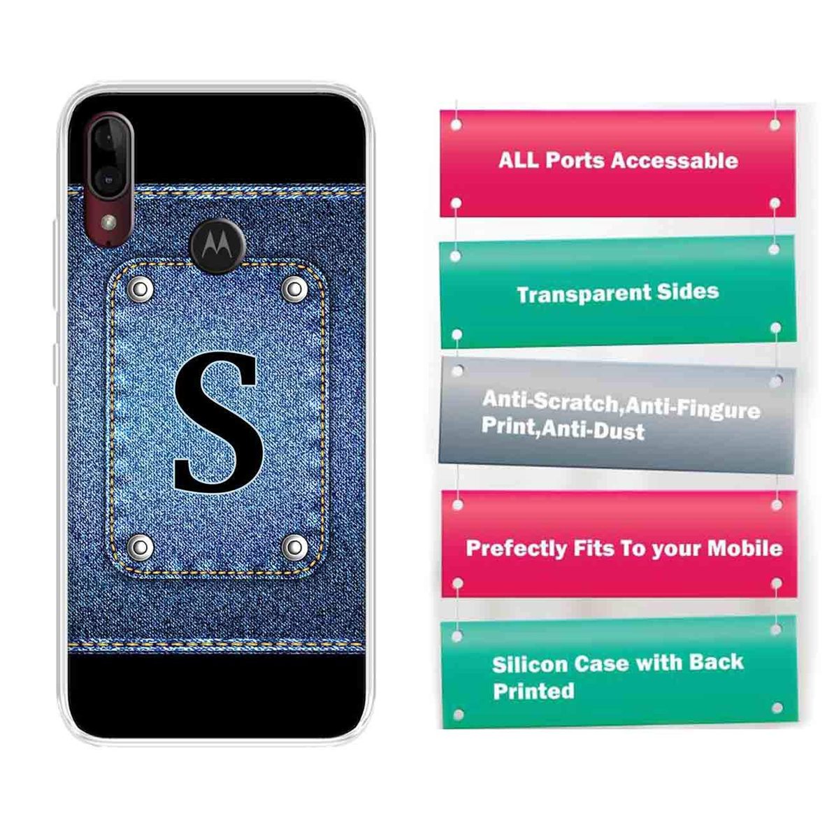 Amazon Brand - Solimo Designer Multicolor Button Jeans Alphabet-S Printed Soft Back Case Mobile Cover for Motorola Moto E6s / Motorola Moto E6 Plus