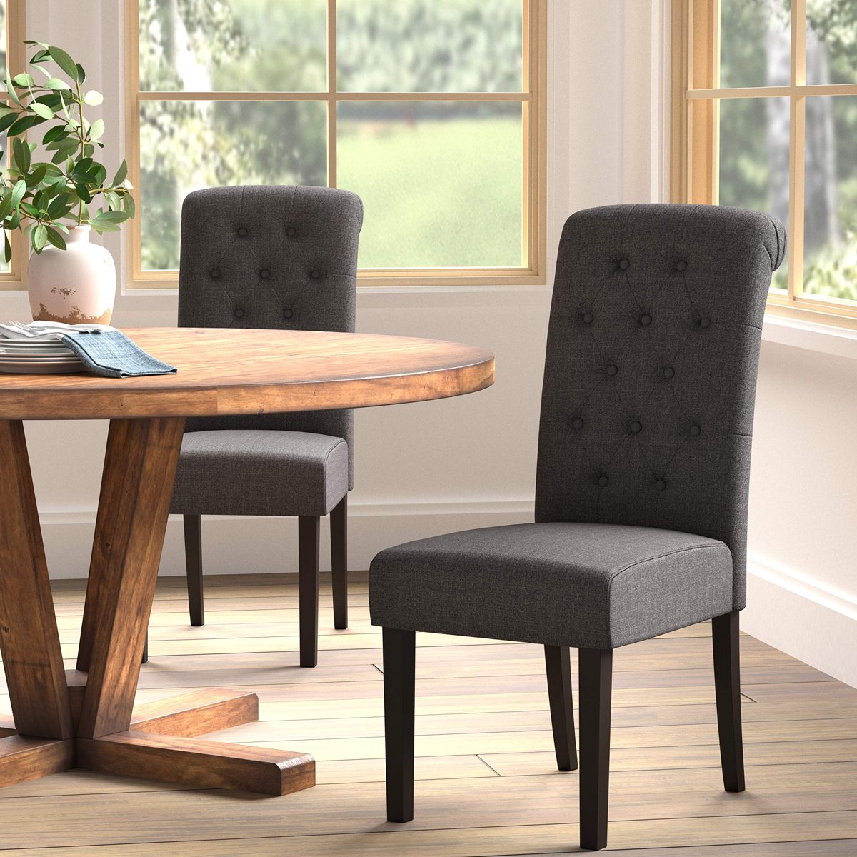 AmazonBasics Classic Fabric Tufted Dining Chair with Wooden Legs - Set of 2, Charcoal