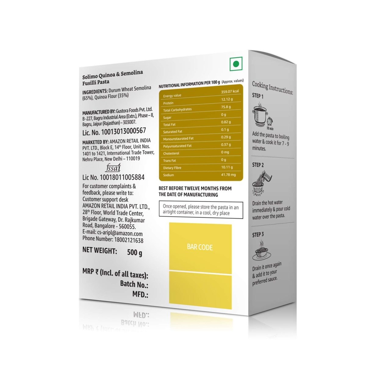 Amazon Brand - Solimo Quinoa & Semolina Fusilli Pasta, 500g