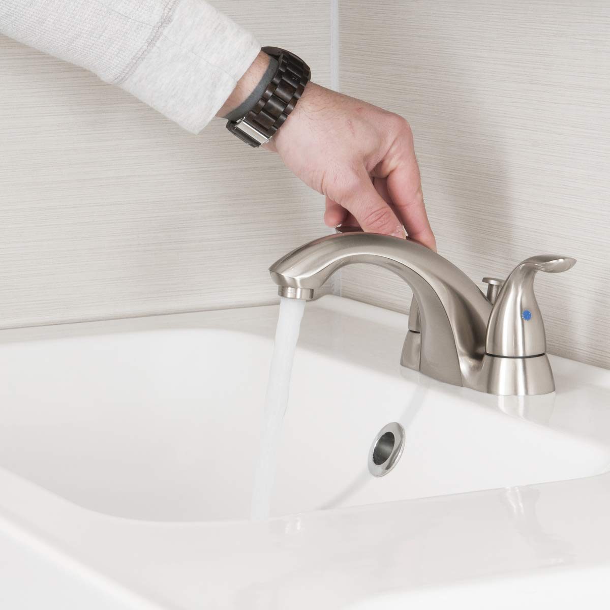 AmazonBasics Standard Two-Handled Basin Faucet, 4 Inch, Satin Nickel