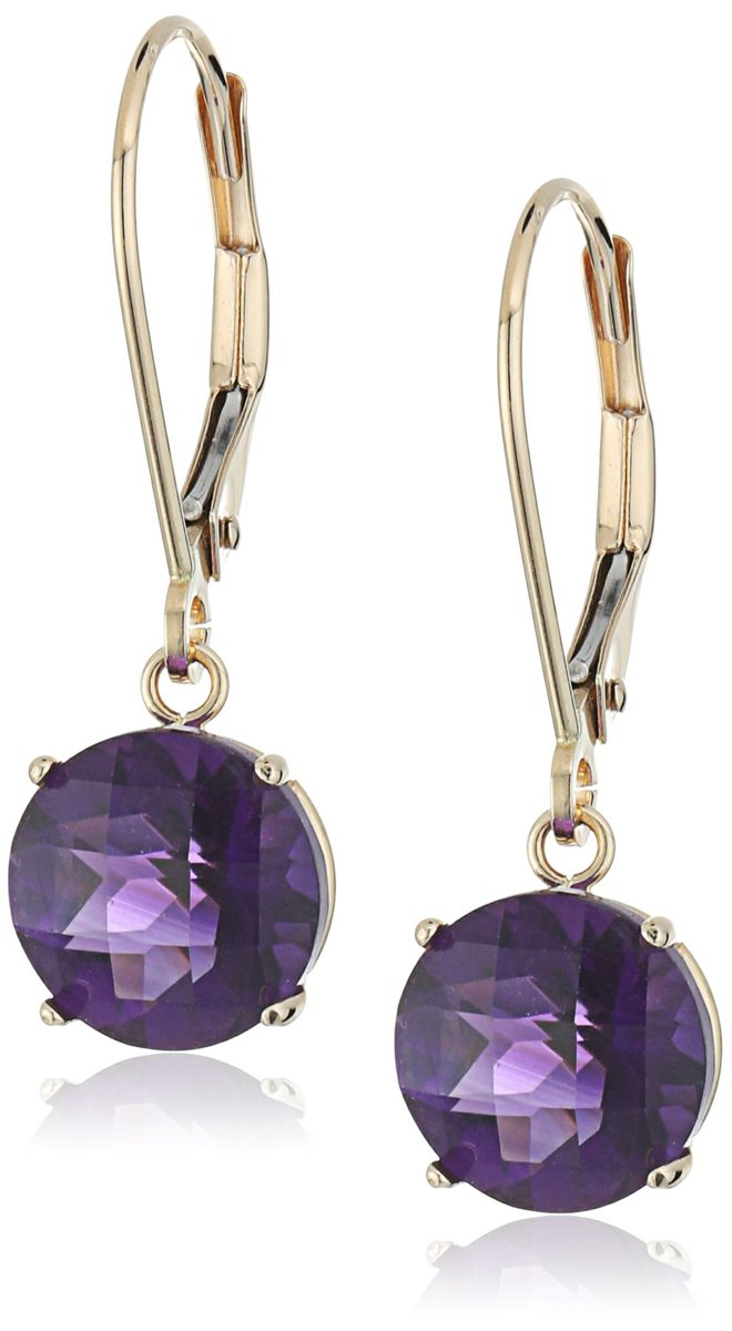 10k Yellow Gold Round Checkerboard Cut Amethyst Leverback Earrings (8mm)