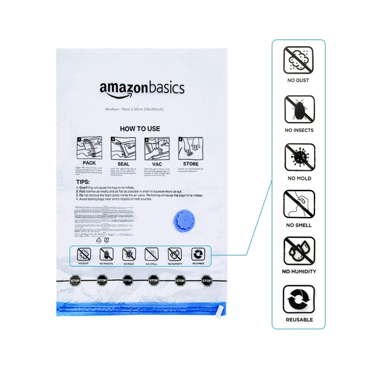 AmazonBasics Vacuum Compression Storage Bags with Hand Pump - Medium, 5-Pack (Renewed)