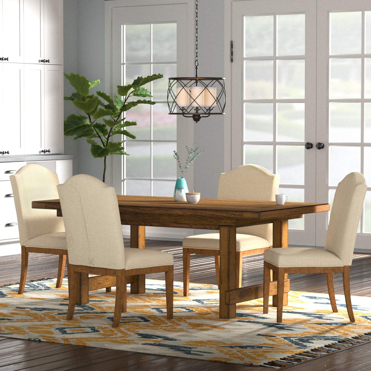 Amazon Brand – Stone & Beam Industrial Metal Chandelier Pendant with Off-White Shades, LED Light Bulbs Included - 18.5 x 18.5 x 21.25 Inches, Dark Bronze