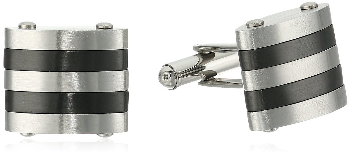 Men's Stainless Steel and Black Ip Striped 0.6" x 0.7" Cuff Links