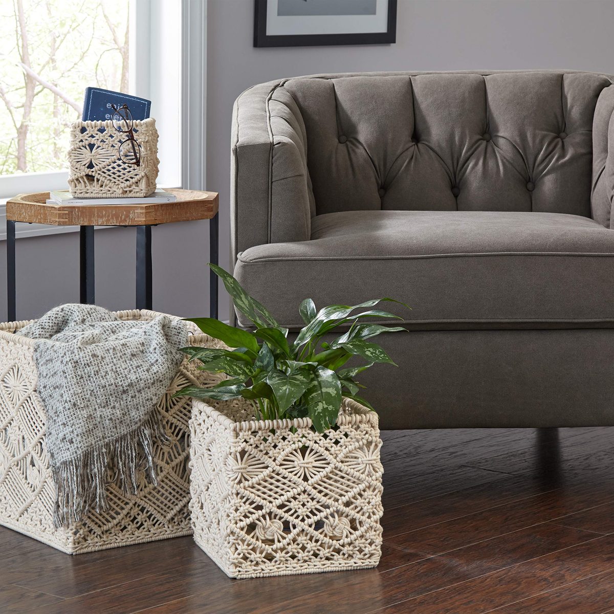 Stone & Beam Modern Handmade Basket, Set of 3, Ivory