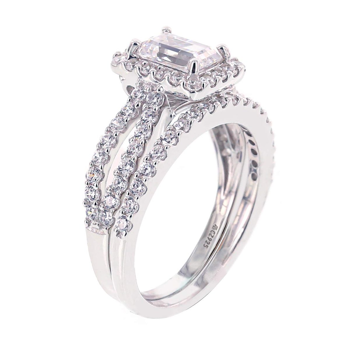 [Find] Amazon Collection roziumumekkisuta-ringusiruba-kuriaraundo Diamond and Emerald kattokyu-bikkuzirukoniaenge-ziringusetto, Size 9