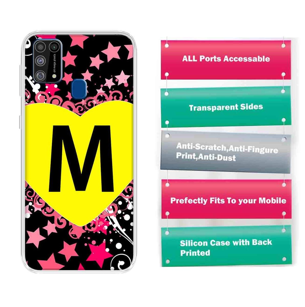 Amazon Brand - Solimo Designer Multicolor Heart Pattern Alphabet-M Printed Soft Back Case Mobile Cover for Samsung Galaxy M31