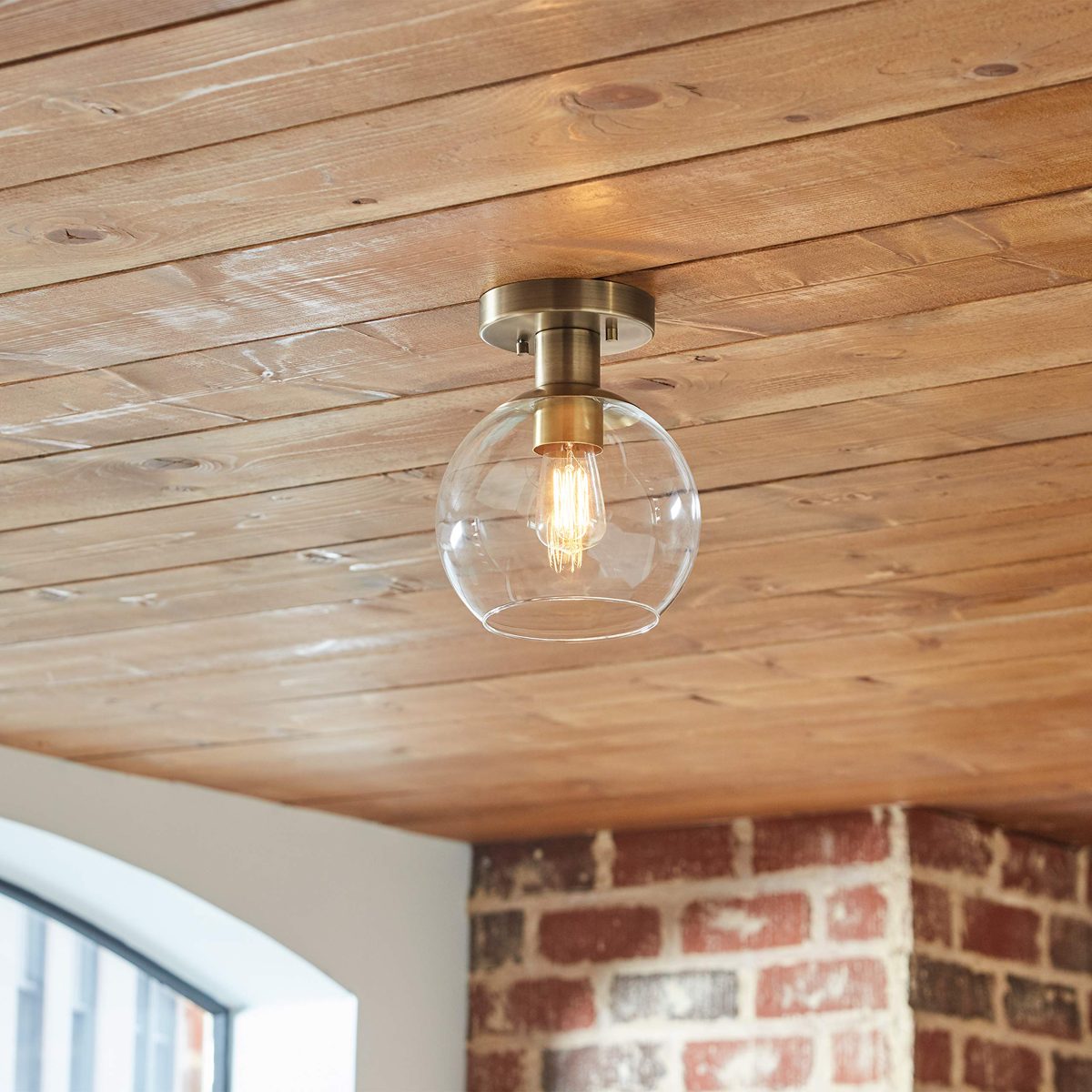 Amazon Brand – Rivet Mid-Century Modern Glass Globe Flush-Mount Ceiling Fixture with Light Bulb - 8.87 x 7 x 7 Inches, Gold