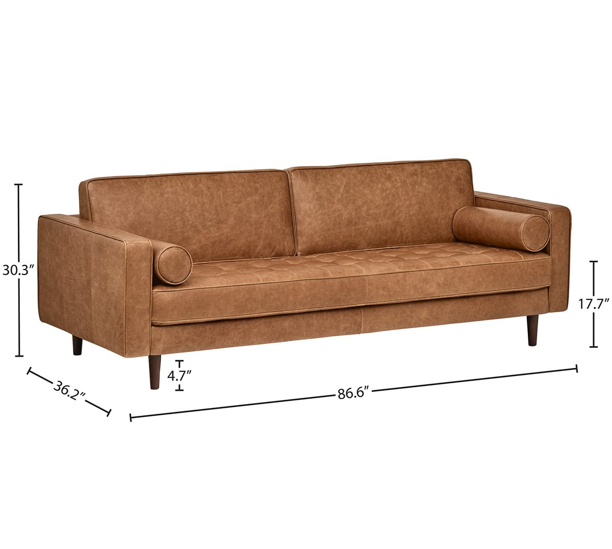 Amazon Brand – Rivet Aiden Tufted Mid-Century Modern Leather Bench Seat Sofa, 86.6" W, Cognac