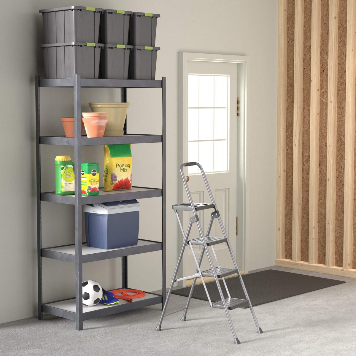Amazon Basics Folding Step Stool - 3-Step with Tooltray, Steel, 200-Pound Capacity, Grey