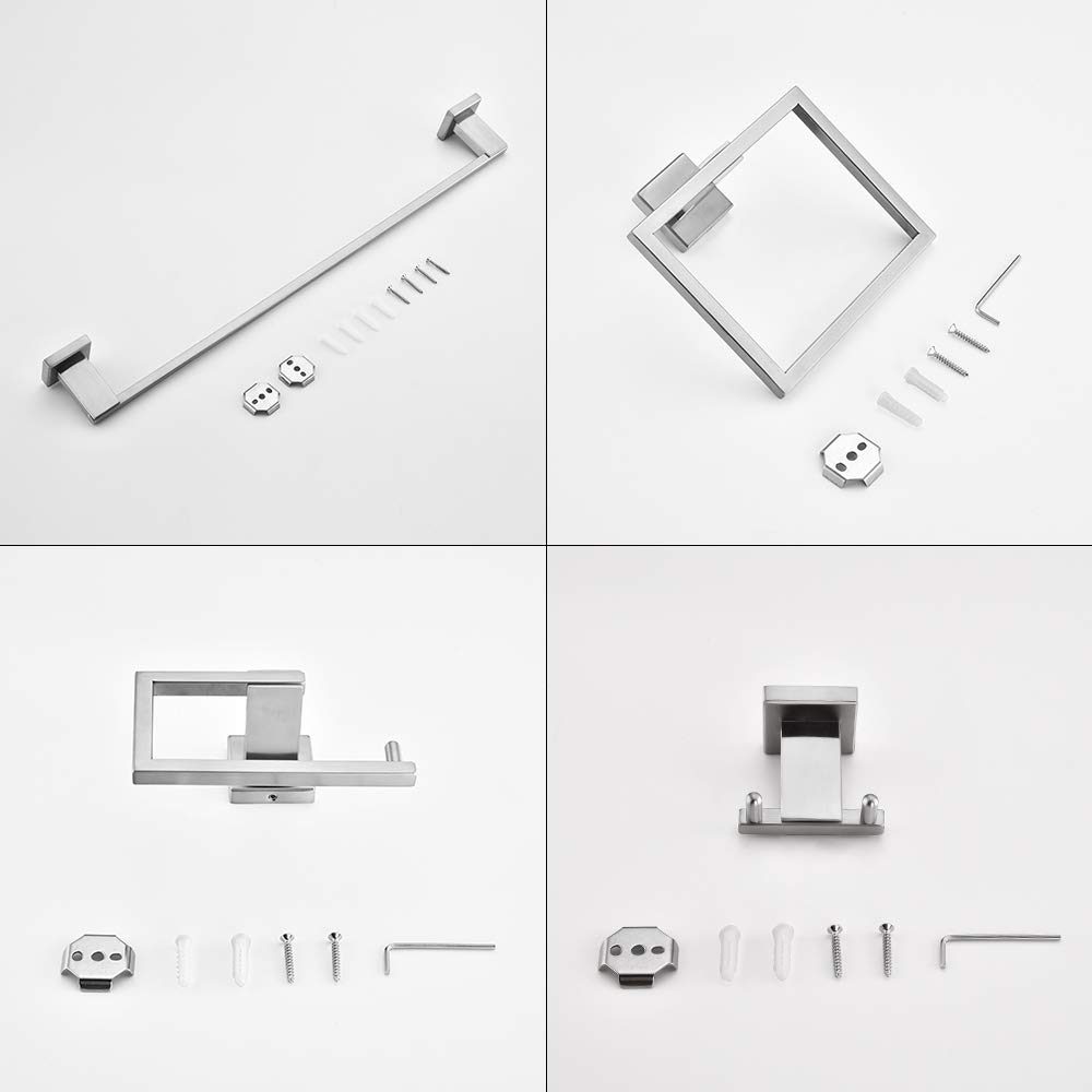 Umi 4-Piece Bathroom Hardware Set, Wall Mounted Stainless Steel Bathroom Accessory Brushed Nickel,Single Towel Bar Rail, Towel Ring,Toilet Roll Holder, Robe Hook Combo kit