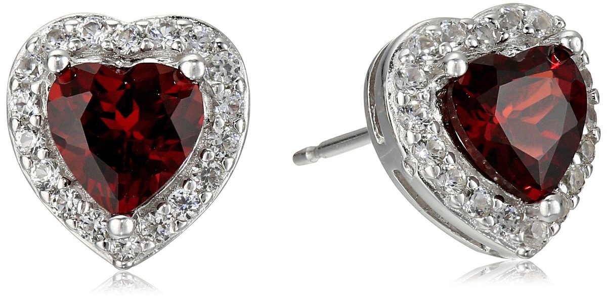 Amazon Collection Sterling Silver Birthstone Halo Heart Stud Earrings, Garnet