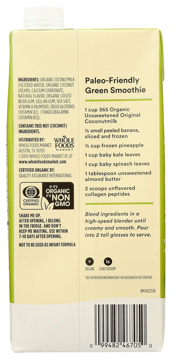 365 by Whole Foods Market, Organic Shelf-Stable Coconutmilk, Unsweetened - Original, 32 Fl Oz