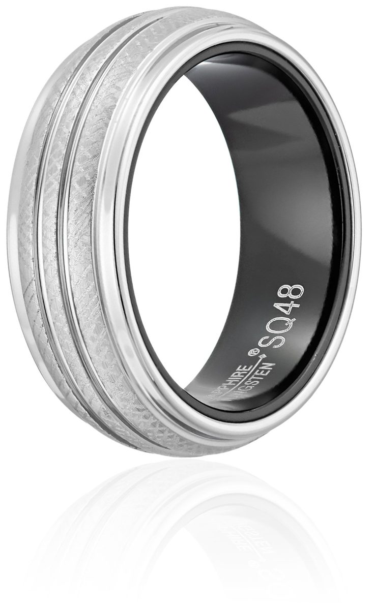 Men's Sapphire Tungsten Subtle Grooved Crosshatch Design 8mm, Titanium with Black PVD Interior, Comfort Fit Wedding Band, Size 11.5