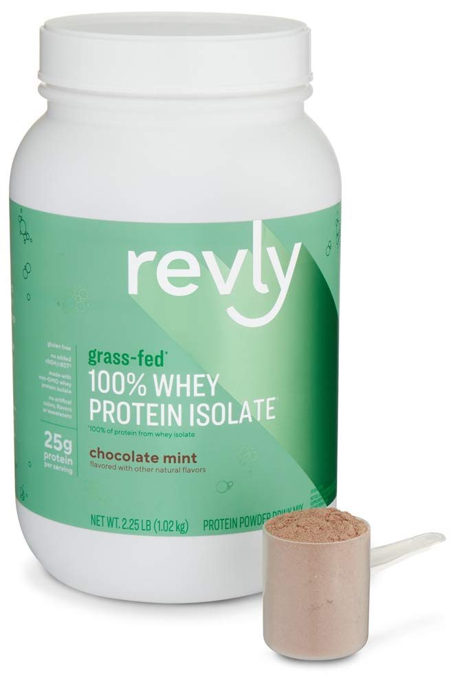 Amazon Brand - Revly 100% Grass-Fed Whey Protein Isolate Powder, Mint Chocolate, 2.24 lbs, 30 Servings, No added rbgh/rbst‡, no artificial colors or flavors