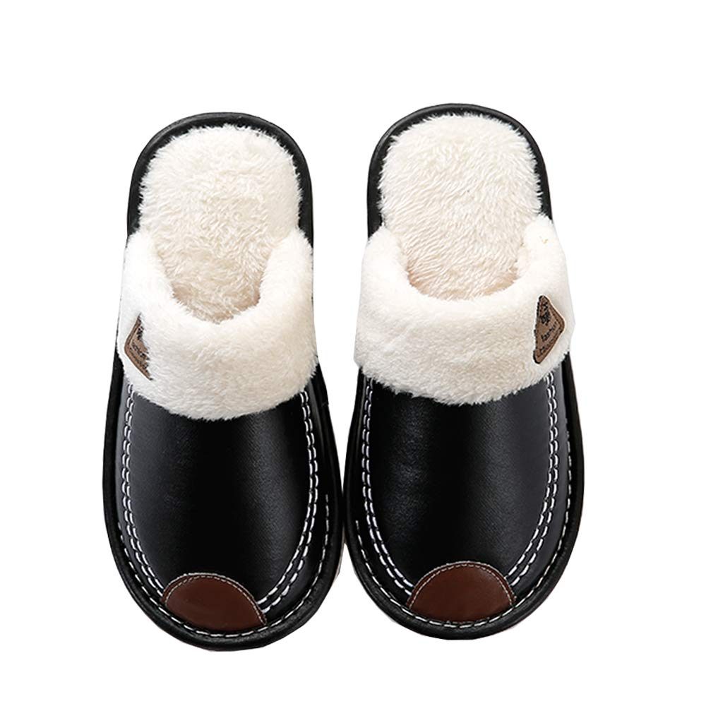 ZKHOECR Mens Slippers Memory Foam Indoor Leather Wide Soft Cozy Cotton Closed Toe Non-Slip Shoes Clog Mules Anti-Skid Rubber Sole Czoy Winter Casual Shoes Black Brown Size 10.5-11.5/Men 9-10