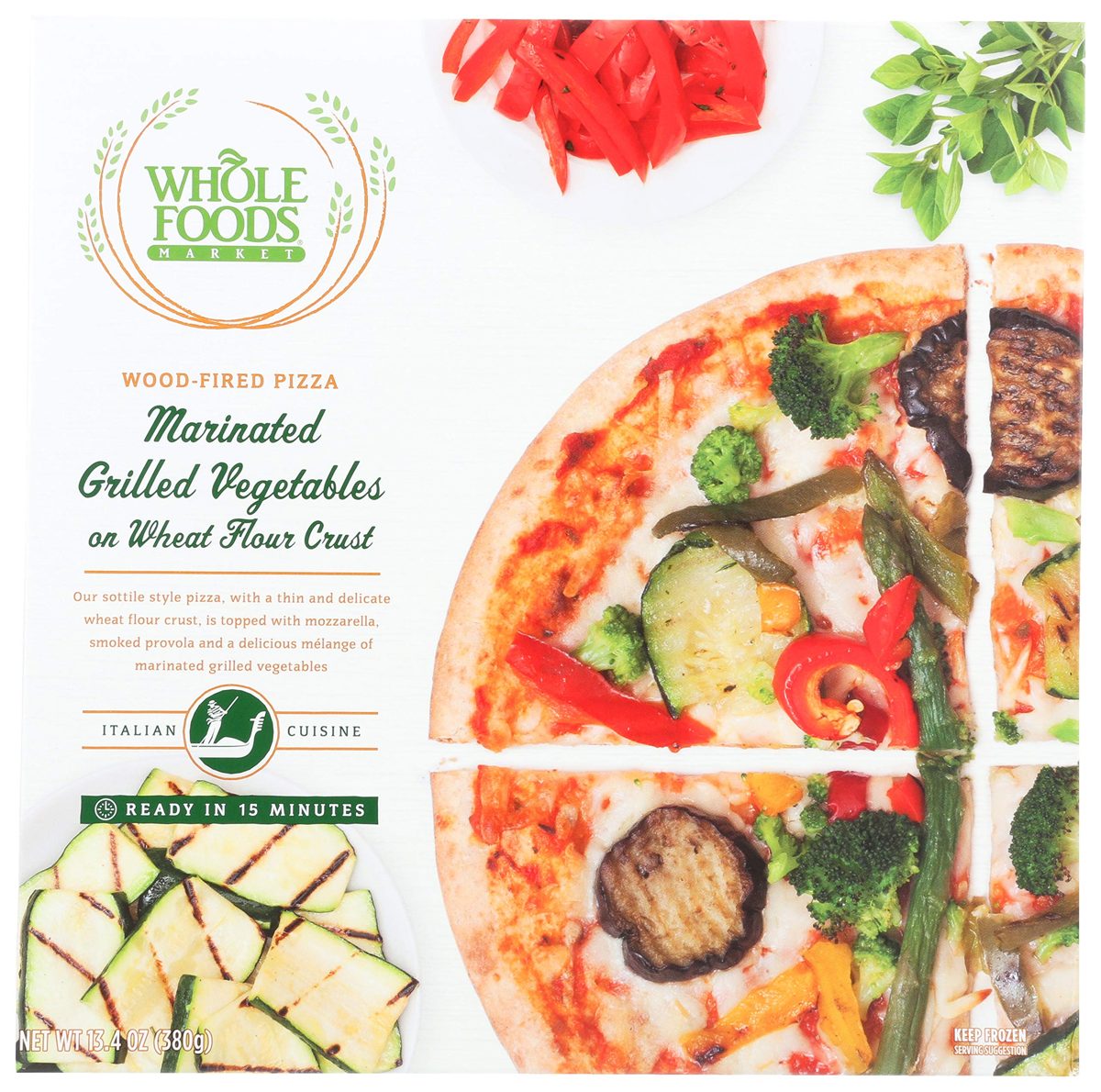 Whole Foods Market, Marinated Grilled Vegetables on Wheat Flour Crust Wood-Fired Pizza, 13.4 oz, (Frozen)