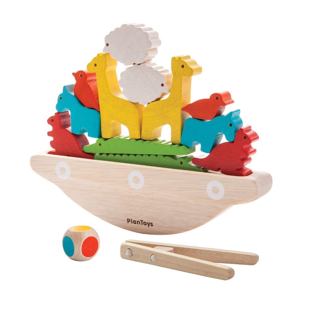 AmazonBasics Games Case Pack, Fruit & Veggie Domino (Gradient), Balancing Monkeys, Balancing Boat, Tower Tumbling, Balancing Cactus