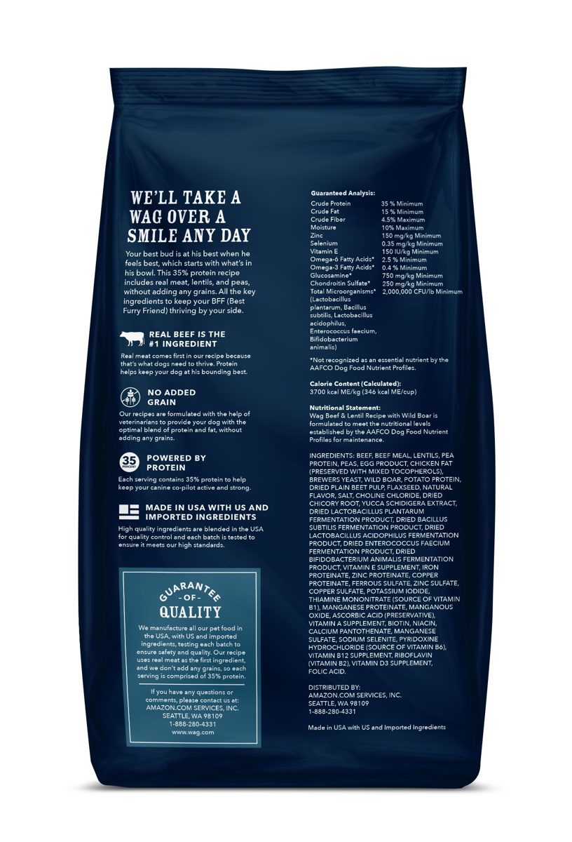 Amazon Brand - Wag Dry Dog Food Beef and Lentil Recipe with Wild Boar (5 lb. Bag) Trial