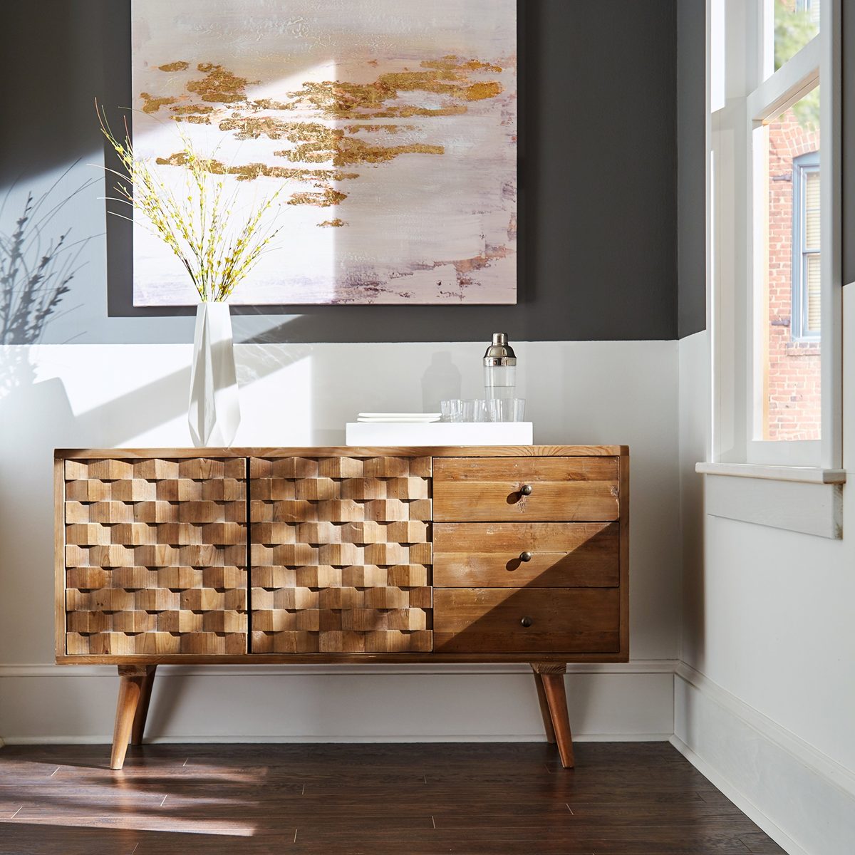 Amazon Brand – Rivet Mid-Century Modern Checkerboard Reclaimed Elm Buffet Sideboard Credenza Cabinet, 55.1"W, Natural
