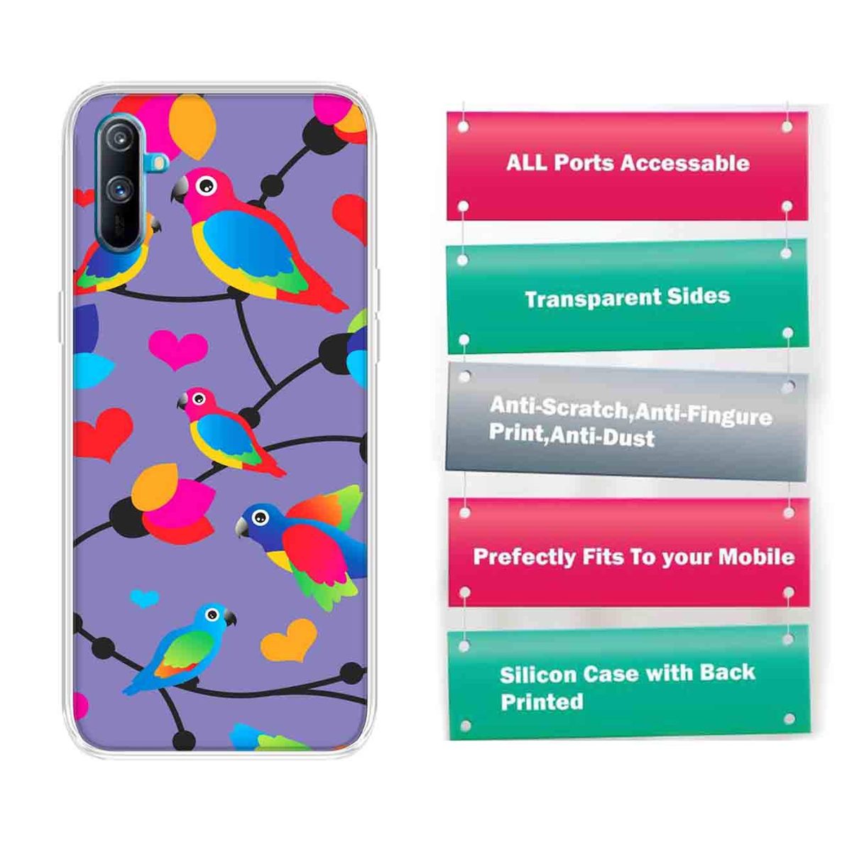Amazon Brand - Solimo Designer Multicolor Flycatchers Birds Violet Patterns Design Printed Soft Back Case Mobile Cover for Realme C3