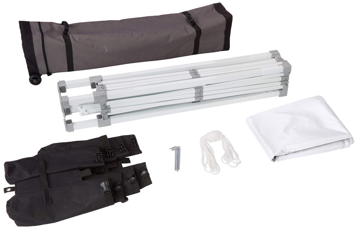 AmazonBasics Outdoor Pop Up Canopy, 10ft x 10ft with Wheeled Carry, 4-pk weight bag, White