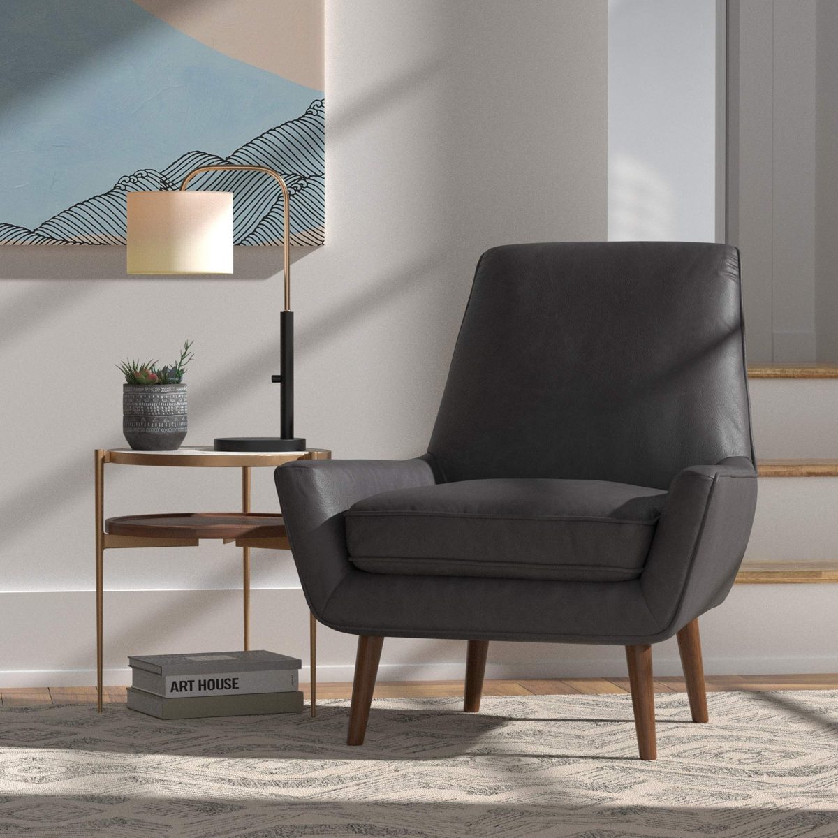 Amazon Brand – Rivet Jamie Leather Mid-Century Modern Low Arm Accent Chair, 31"W, Black
