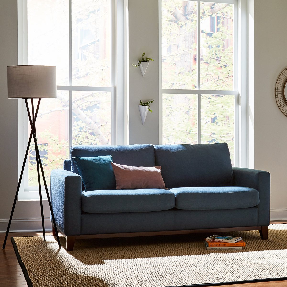 Rivet Mid Century Modern Tripod Living Room Floor Lamp With Light Bulb And Linen Shade - 64 Inches , Black
