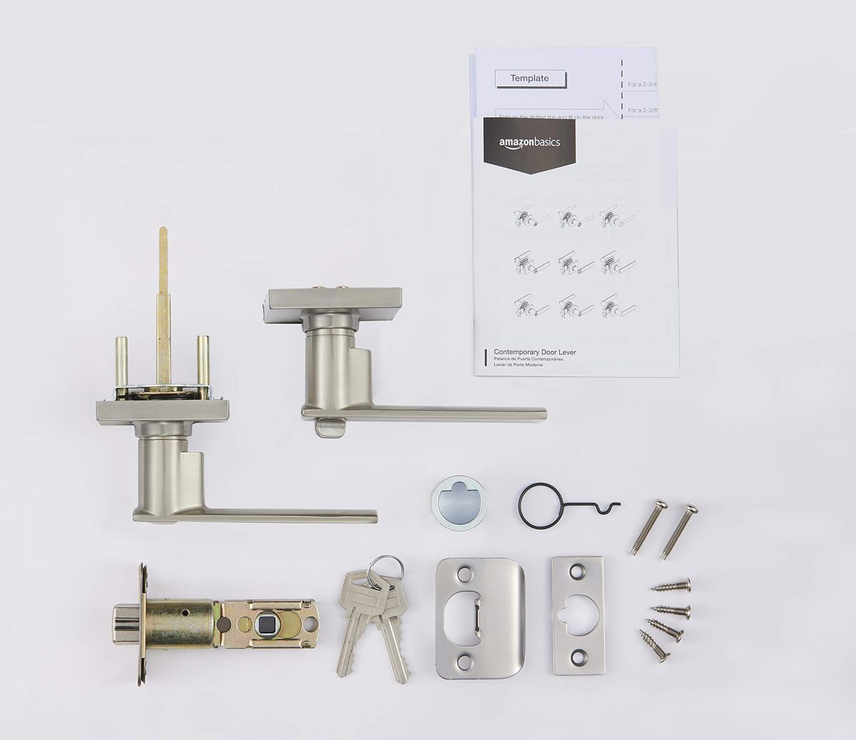 AmazonBasics Contemporary Stamford Door Lever with Lock, Entry, Satin Nickel