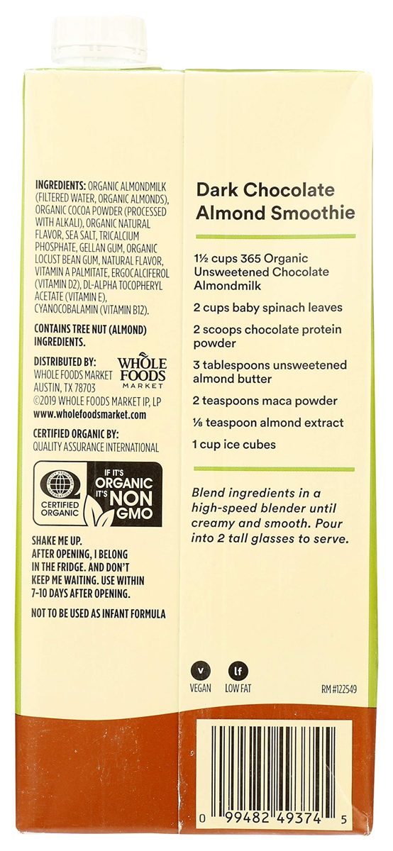 365 by Whole Foods Market, Organic Unsweetened Almond Milk, Chocolate, 32 Fl Oz