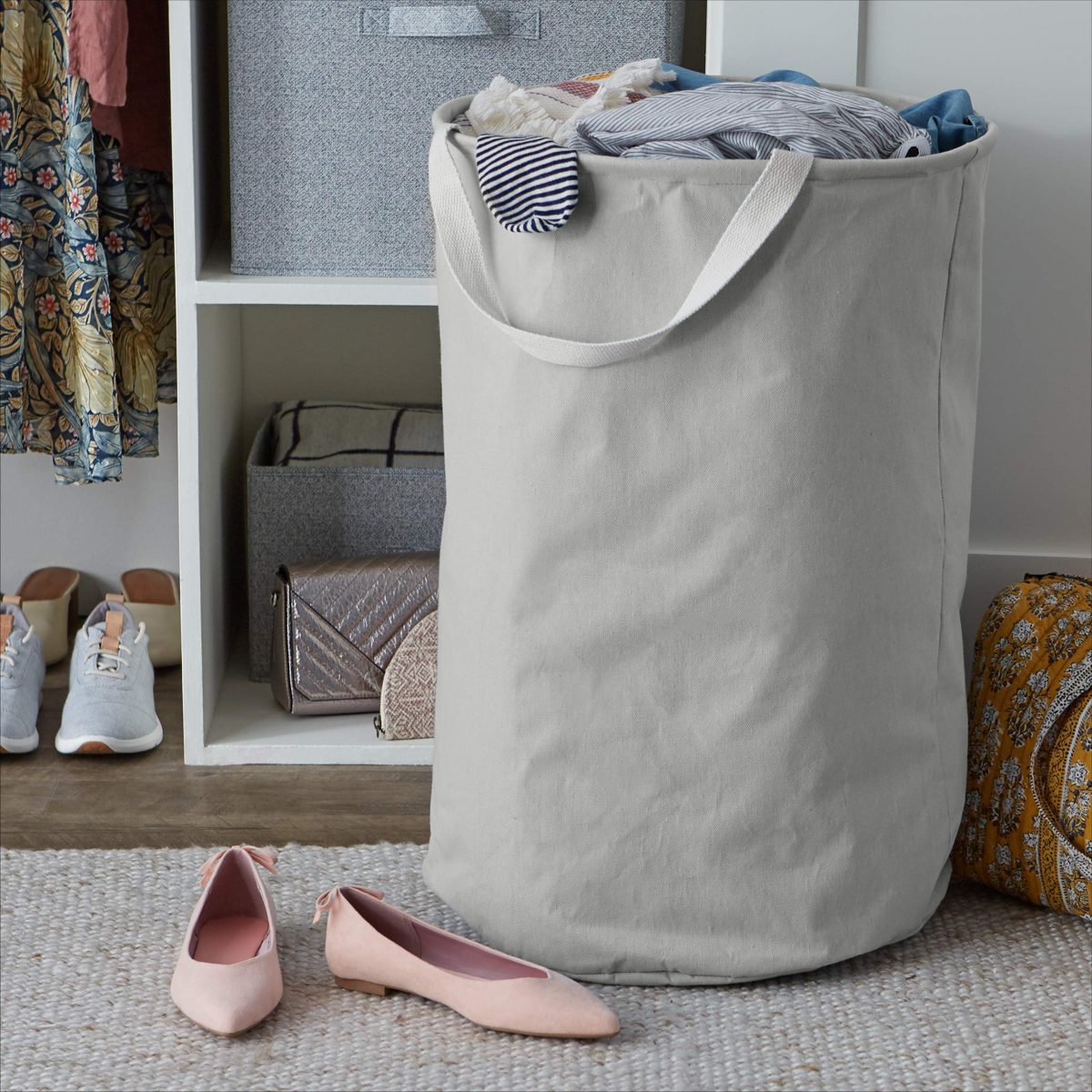 AmazonBasics Fabric Storage Bin - Tall Round, Light Grey