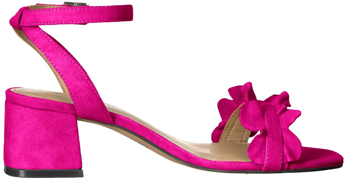 Amazon Brand - The Fix Women's Lizzie Block Heel Ruffled Sandal Heeled, Bubble Gum Pink Suede, 6 B US