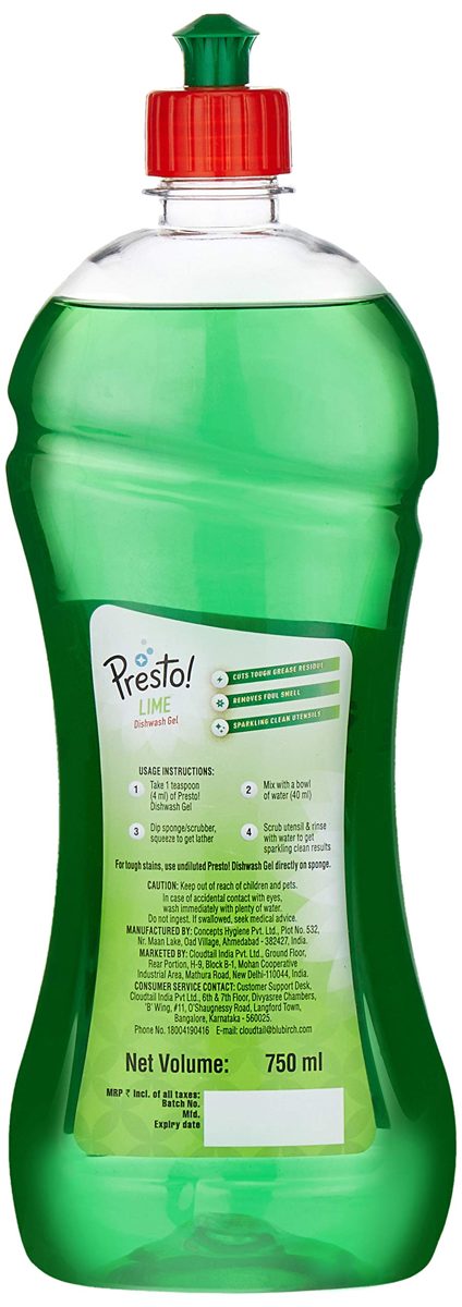 Amazon Brand - Presto! Dish Wash Gel - 750 ml (Lime)