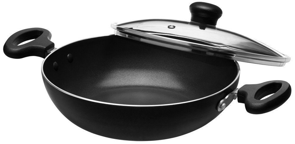 Amazon Brand - Solimo Non-Stick Kadai with Glass Lid, 24 cm (Induction and Gas compatible),Black