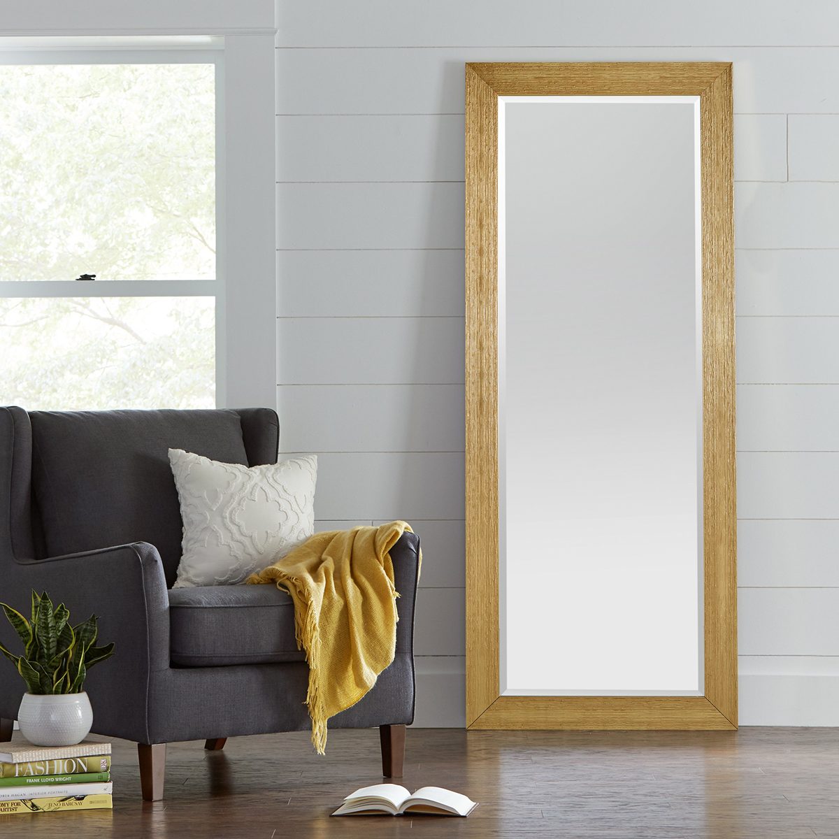 Stone & Beam Classic Rectangular Flat Frame Mirror, 80"H, Gold Finish