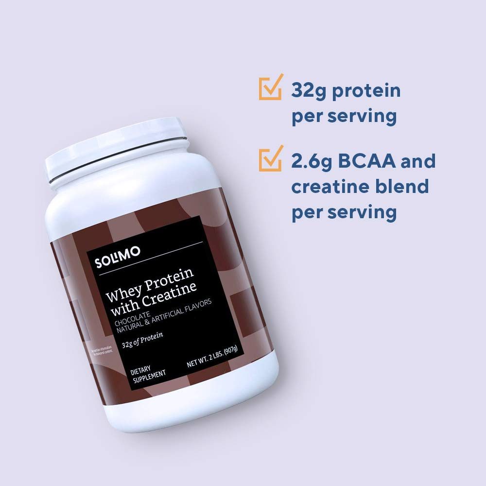 Amazon Brand - Solimo Whey Protein Powder with Creatine, Chocolate, 2 Pound (18 Servings)