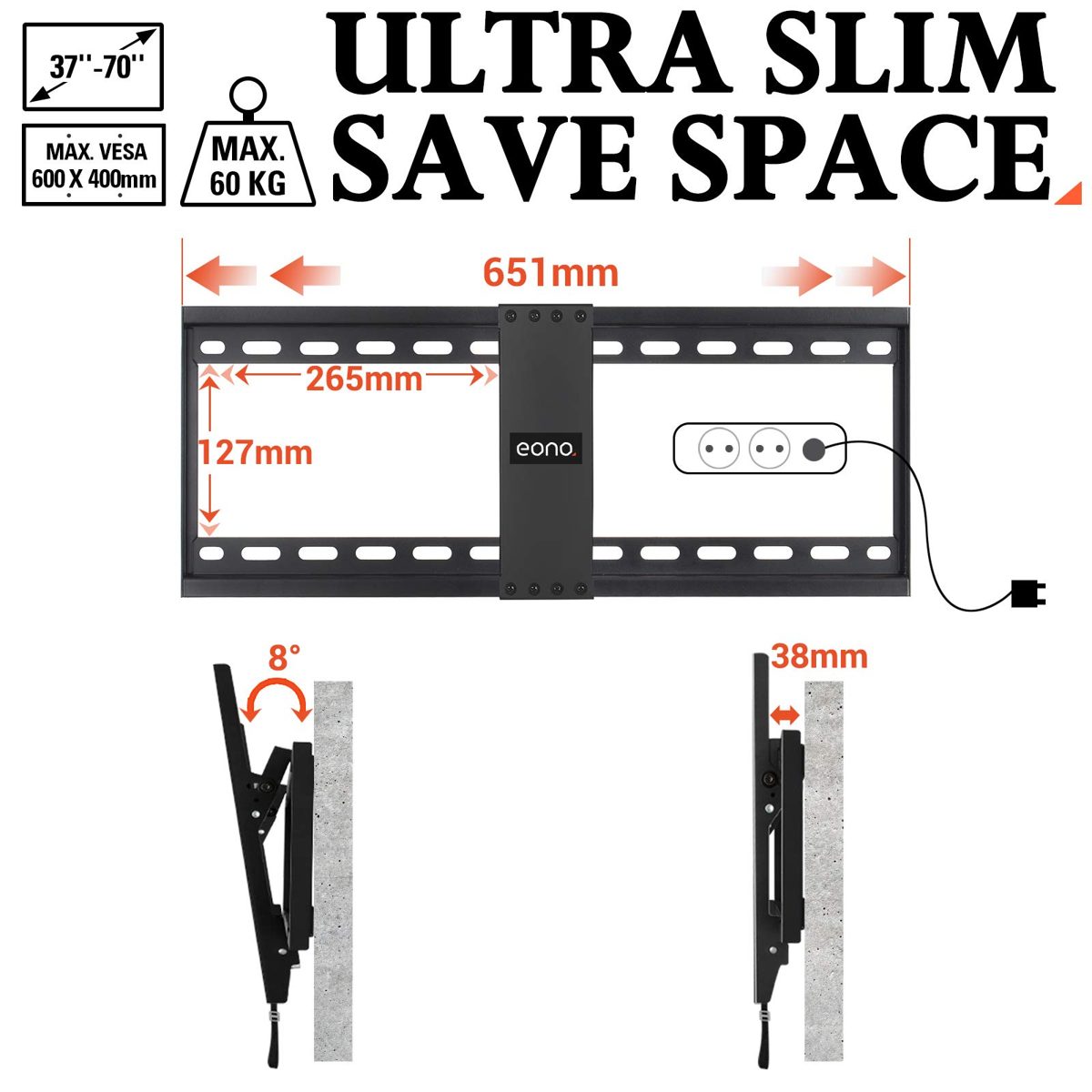 Eono Essentials TV Wall Mount Tiltable for Many 26-55 Inch LEDs, LCD, OLED, Plasma TVs up to VESA 400 x 400 mm and 40 kg, Inclinable TV Bracket including Fischer dowels
