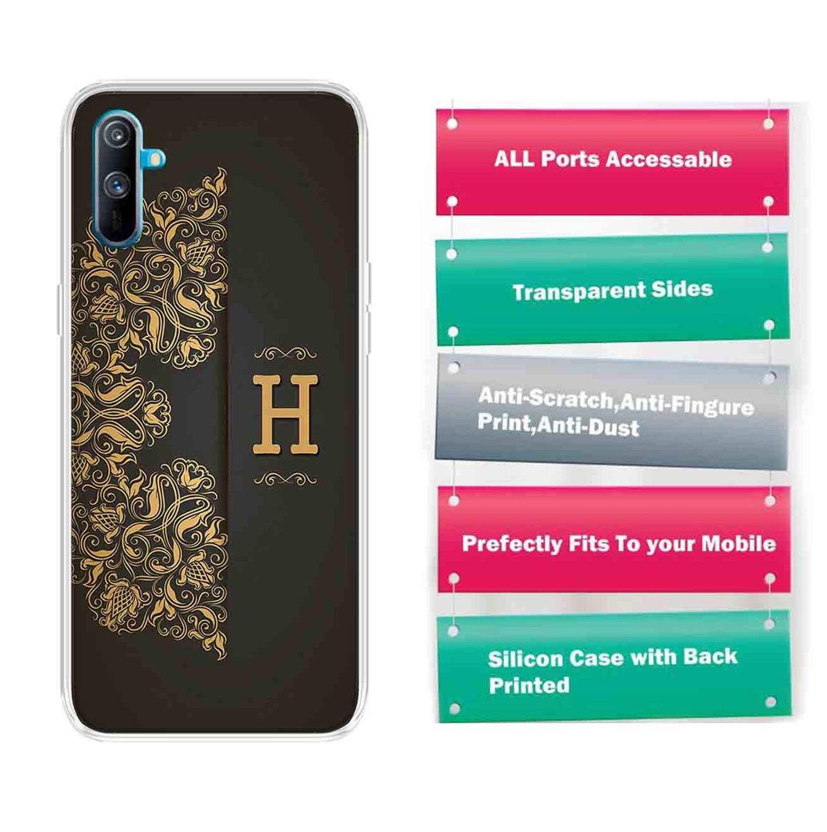 Amazon Brand - Solimo Designer Multicolor Black Pattern Alphabet-H Printed Soft Back Case Mobile Cover for Realme C3
