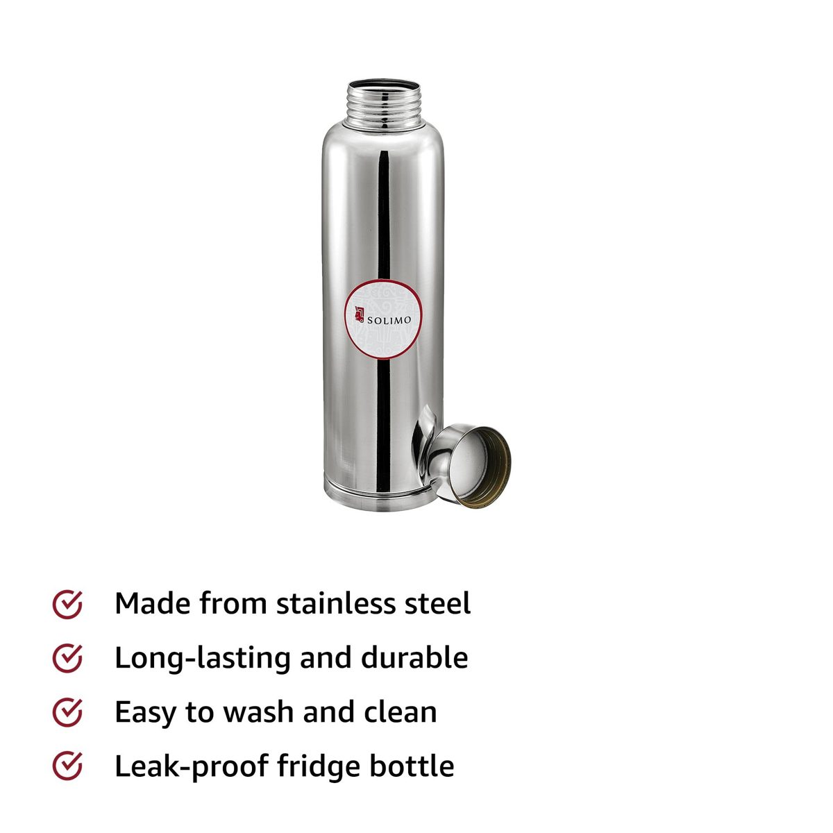 Amazon Brand - Solimo Regal Stainless Steel Fridge Bottle, 900 ml, Set of 1