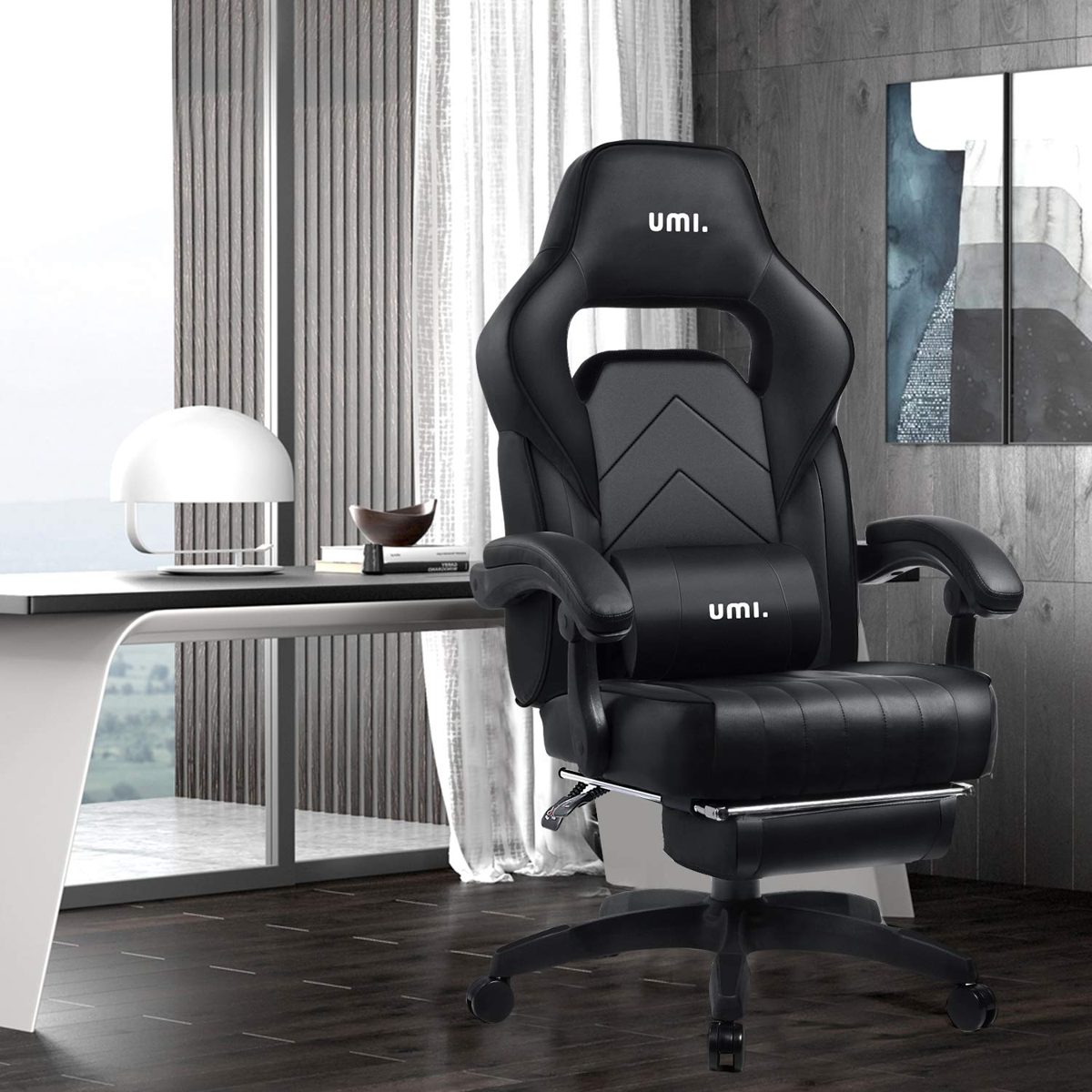 UMI Gaming Chair Office Chair with Footrests Gamer Swivel Chair Height-Adjustable Gaming Chair PC Chair Ergonomic Executive Chair with Armrests