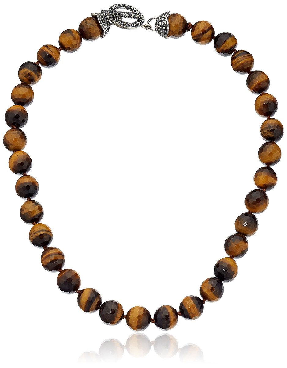 Sterling Silver Marcasite and Tiger's Eye Bead Strand Necklace, 18"